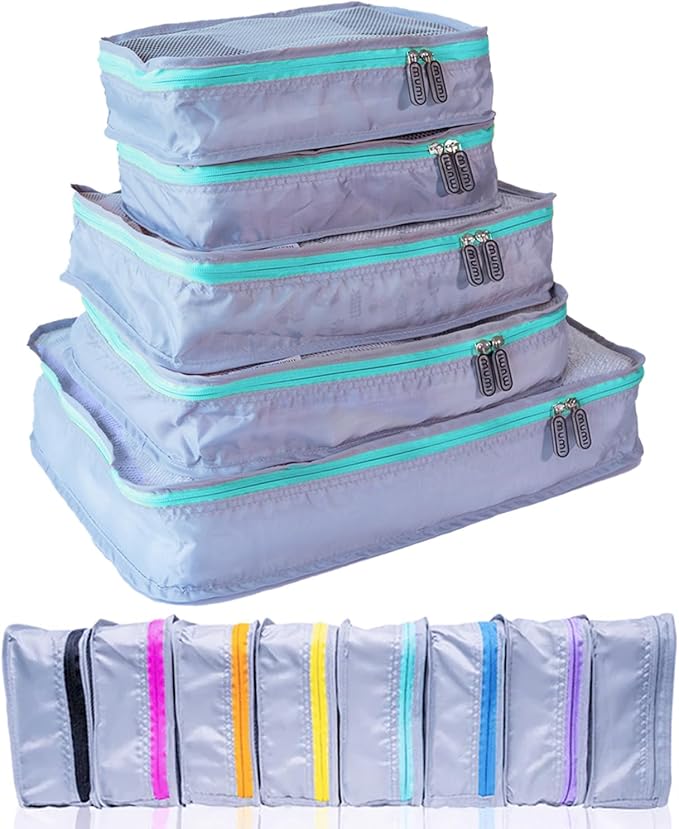 MUMI Packing Cubes - 5 Compression Packing Cubes for Travel, Luggage Organizer Bags for Suitcases, Carry-On, Duffle or Backpack – Mesh, Waterproof Bags for Clothes, Kids & Travel Accessories - Aqua
