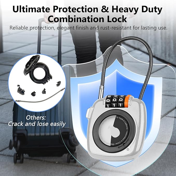 Compatible with Apple AirTag Secure Lock with Wire Cable, 3-Digit Combination Luggage Locks, Alloy Body Ultra Durable Anti-Lost Protective Case for Luggage, Suitcase (White*4)