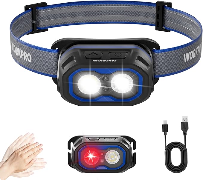 WORKPRO 1200LM Rechargeable Headlamp, Super Bright Head Lamp with White Red Light, Motion Sensor, Memory Function, Shockproof & IPX6 Waterproof Headlight with Dimmable for Camping, Hunting, Repair