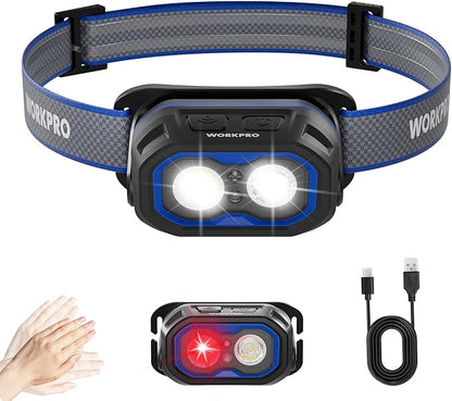 WORKPRO 1200LM Rechargeable Headlamp, Super Bright Head Lamp with White Red Light, Motion Sensor, Memory Function, Shockproof & IPX6 Waterproof Headlight with Dimmable for Camping, Hunting, Repair