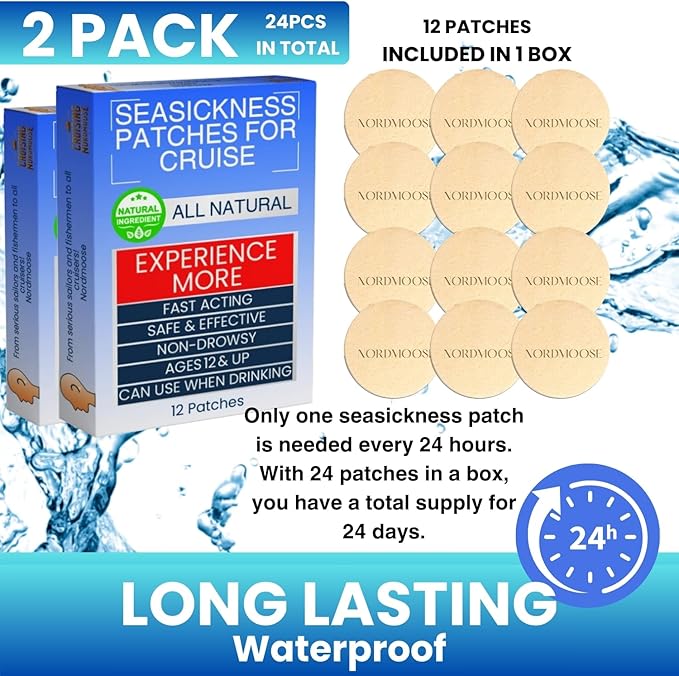 Sea Sickness Patches for Cruise - (Pack of 2) - All Natural Motion Sickness Patches for Cruise - Non Drowsy Cruise Patches for Sea Sickness - Behind Ear Seasickness Patches for Cruise
