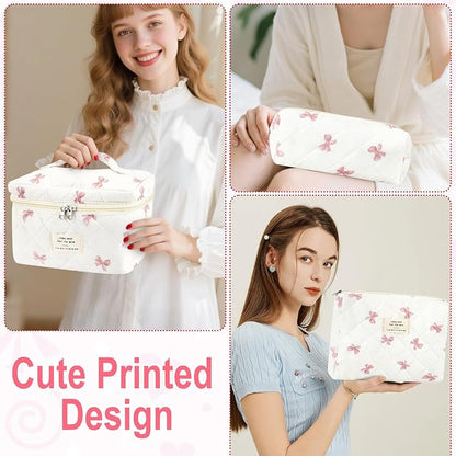3Pcs Cotton Quilted Makeup Bag for Women Extra Large Coquette Small Floral Travel Cosmetic Bag Set Aesthetic Cute Bow Makeup Pouch Portable Toiletry Bag Puffy Essential Storage Organizer