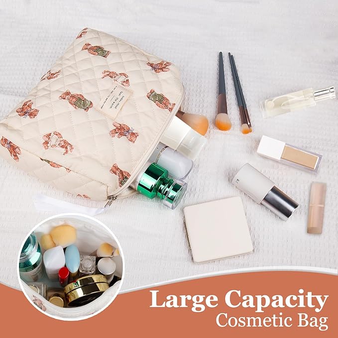 Floral Makeup Bag, Small Cosmetic Bag for Women Girls, Cute Cotton Makeup Bag, Quilted Makeup Bags, Flower Travel Toiletry Organizer Bag (White Bear)