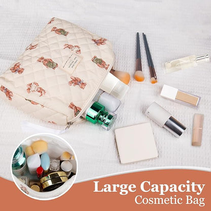 Floral Makeup Bag, Small Cosmetic Bag for Women Girls, Cute Cotton Makeup Bag, Quilted Makeup Bags, Flower Travel Toiletry Organizer Bag (White Bear)