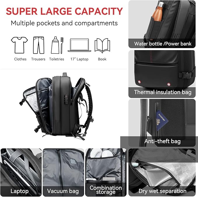 Fiordpack Vacuum Backpack Travel (External Pump, 60L), TSA Lock, Expandable Vacuum Seal Compression Travel Backpack for 17" Laptop, Airline Approved
