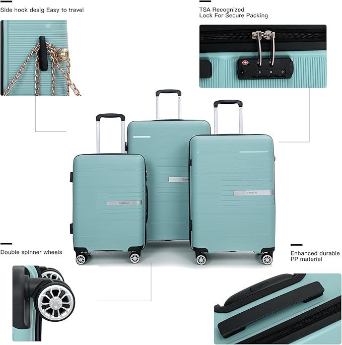 Luggage 3 Piece Sets Suitcase Set with Double Spinner Wheels, Lightweight Carry On Hardside Travel Luggage with TSA Lock, (20/24/28) (Light Green)