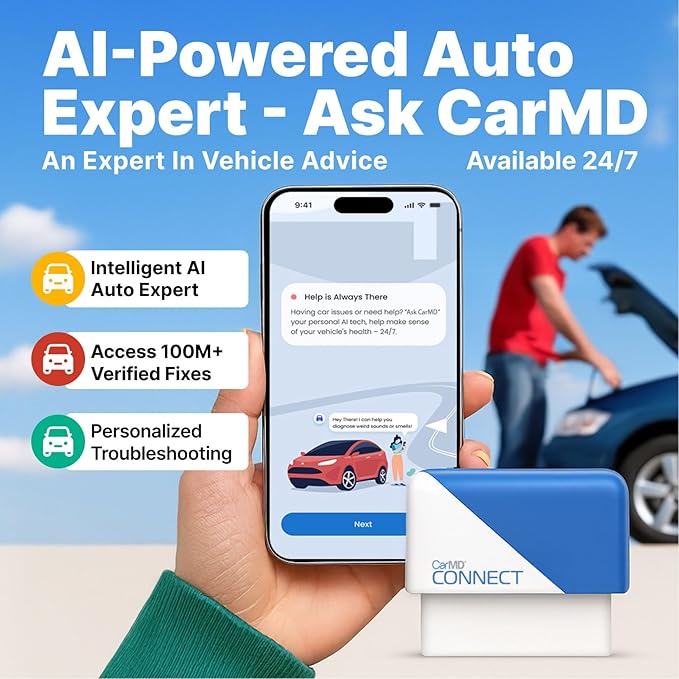 CarMD Connect – Real-Time Vehicle Location Sharing + Vehicle Health Monitoring | No Subscription | AI Auto Expert | Safety Alerts | Geofencing | Works on 1996+ OBDII Cars and Light Trucks