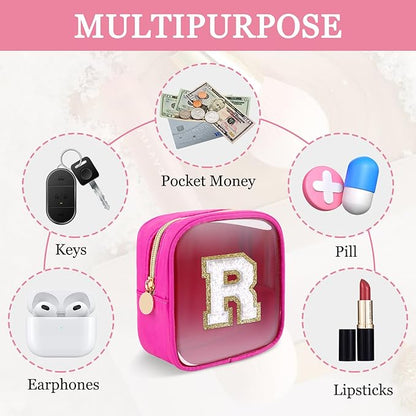 Mini Clear Personalized Initial Makeup Bag,Nylon Preppy A-Z Chenille Letter Patch Zipper Cosmetic Bag, Small Cute Beach Pouch Travel Purse Sanitary Napkin Storage Bag for Women Girls(Hot Pink-White R)