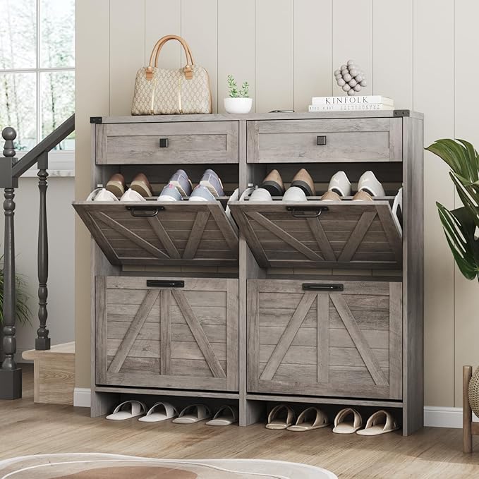 Shoe Cabinet with 4 Flip Drawers & 2 Drawers,Farmhouse Shoe Storage Cabinet for Entryway,Slim Freestanding Organizer Rack for Front Door Entrance,Grey