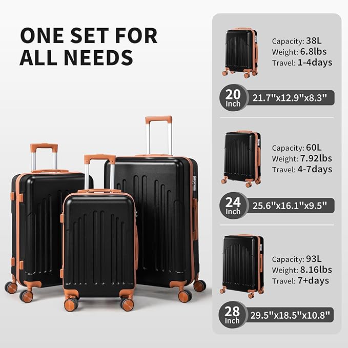 Karl home Luggage Sets 3 Piece, ABS Hardside Suitcase Set with Double Spinner Wheels & TSA Lock for Travel Business, 3-Piece Set (20/24/28), Black & Brown