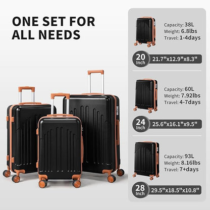 Karl home Luggage Sets 3 Piece, ABS Hardside Suitcase Set with Double Spinner Wheels & TSA Lock for Travel Business, 3-Piece Set (20/24/28), Black & Brown