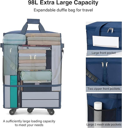 MILADA Expandable Luggage Bags for Travel Foldable Suitcase with Wheels Collapsible Rolling Travel Duffle Bag Lightweight Large Suitcases without Telescoping Handle, Blue