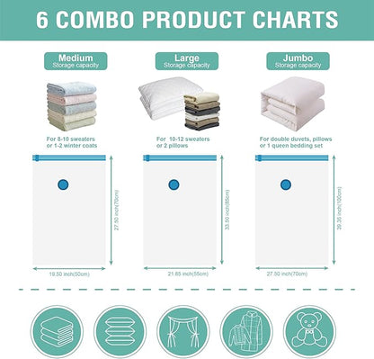 6 Pack Vacuum Storage Bags, Space Saver Bags (2 Jumbo/2 Large/2 Medium) Compression Storage Bags for Comforters and Blankets, Vacuum Sealer Bags for Clothes Storage, Hand Pump Included