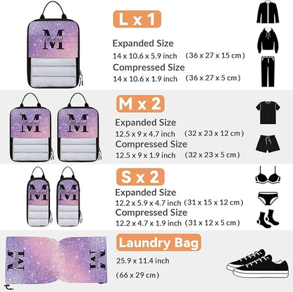 Personalized 6 Set Compression Packing Cubes for Travel Accessories Custom Initial Name Luggage Carry On Suitcase Compressible Expandable Packing Organizer, Purple Glitter