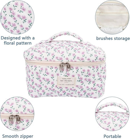 Large Makeup Bag, Cute Cosmetic Bag for Women Girls, Floral Coquette Aesthetic Toiletry Bag, Travel Make Up Organizer Bag (Purple Flower)