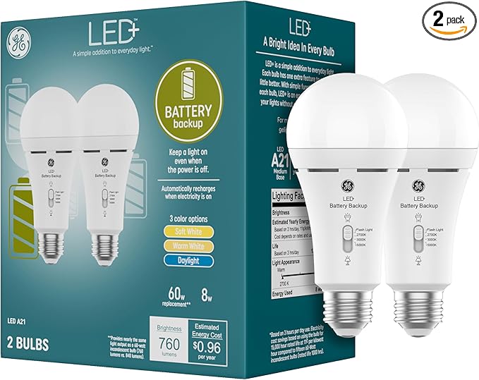 GE LED+ Backup Battery LED Light Bulbs, A21 Rechargeable Light Bulbs for Power Outages and Emergencies, Flashlight, 3 Color Temperatures (2 Pack)
