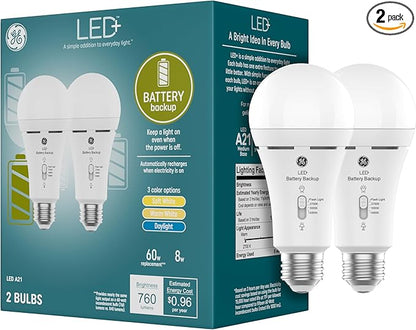 GE LED+ Backup Battery LED Light Bulbs, A21 Rechargeable Light Bulbs for Power Outages and Emergencies, Flashlight, 3 Color Temperatures (2 Pack)