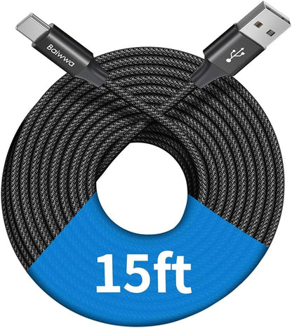Baiwwa Long USB C Cable 15ft, USB A to Type C Cable Charger Cord Premium Nylon Braided for iPhone 16 15 Series Samsung Galaxy Note Tab, Moto, LG, Pixel and More USB C Smartphone & Tablet
