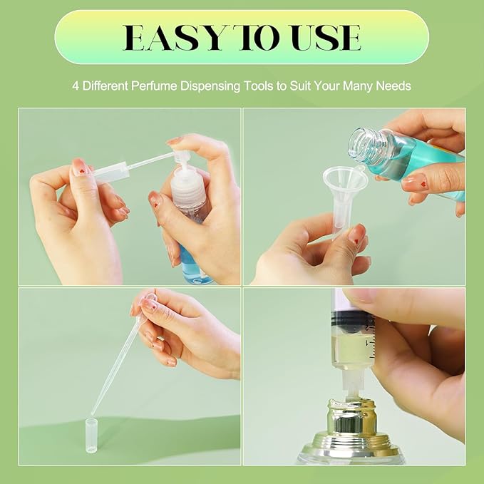 50Pcs Mini Spray Bottle 3ml, Small Travel Perfume Bottle Refillable with 10 Tools, Clear Plastic Small Atomizer Empty, Fine Mist Perfume Sample Spray Bottle for Travel Essential Oil Perfumes