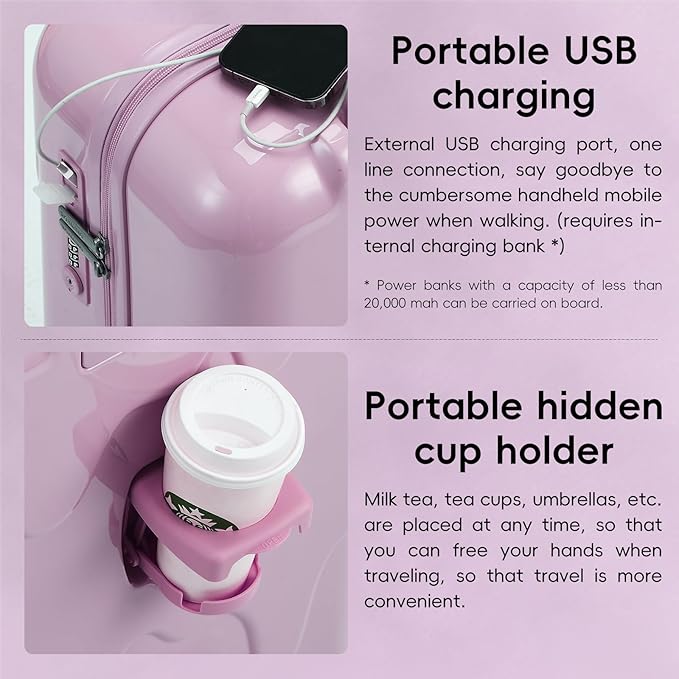 ROAMING 20-Inch Purple Carry On Luggage Airline Approved Lightweight PC Hardside Rolling Suitcase with TSA Lock Cup Holder USB Charging Port and Spinner Wheels for Women Ice cream suitcase