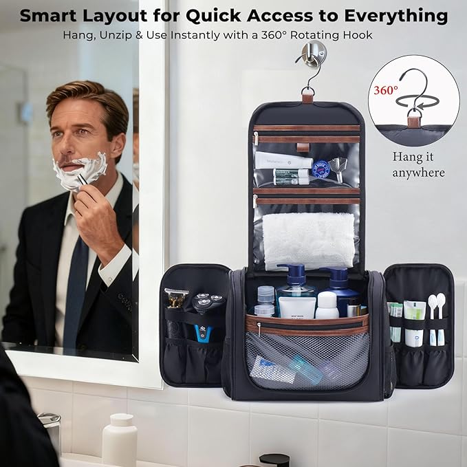 Large Hanging Toiletry Bag for Men, Travel Bathroom Bag with Hook, Hygiene Bag Organizer for Shower, Shaving & Grooming Essentials, Black