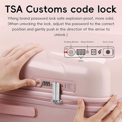 ROAMING 20-Inch Pink Carry On Luggage Airline Approved Lightweight PC Hardside Rolling Suitcase with TSA Lock Cup Holder USB Charging Port and Spinner Wheels for Women Ice cream suitcase
