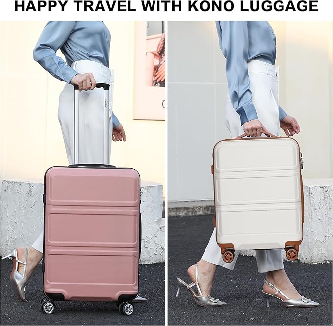 Kono 24 Inch Luggage Suitcase with Spinner Wheels TSA Lock Lightweight PC+ABS Hardside Medium Checked Luggage Durable Rolling Suitcase Nude/Rose Pink