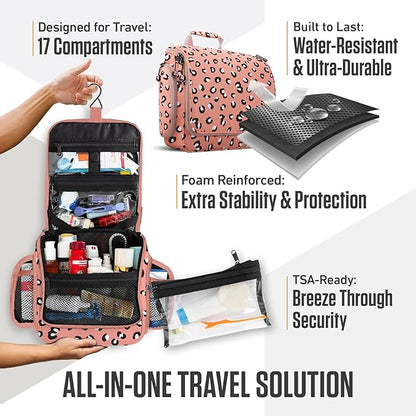 VENTURE 4TH Hanging Travel Toiletry Bag for Women & Men – Large Toiletry Organizer with 17 Compartments, Removable TSA Pouch, Travel Wash Bag for Toiletries, Makeup & Shaving Kit (Pink Cheetah)
