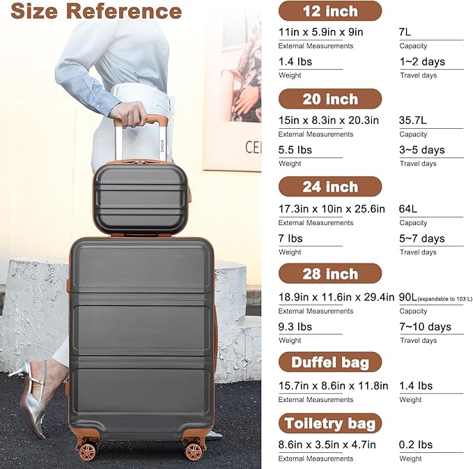 Kono Suitcase Set 3 Piece Luggage Set Expandable(only 28") PC+ABS Carry On Hardside Luggage with TSA Lock Spinner Wheels (Apricot Grey, 6 piece set)