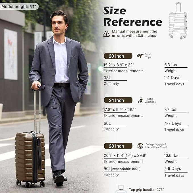 Coolife 20-Inch Small Carry on Hardside PC+ABS Spinner TSA Lock Telescopic Luggage Handle（20in-brown）
