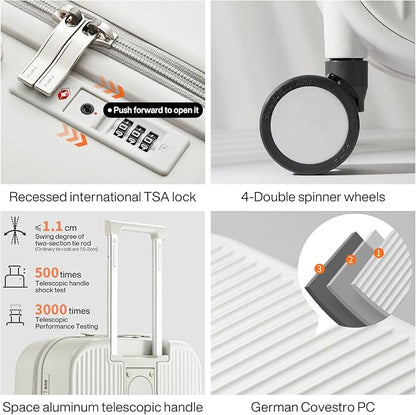 mixi Checked Luggage with Cup Phone Holder Hard Shell Rolling Travel Suitcase with Spinner Wheels,24 Inch Smoke White