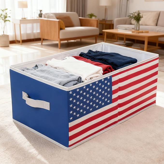 4 Pack Large Oxford Fabric Storage Bins with Beautiful Flag Print, Sturdy Closet Organizers and Storage, Foldable Clothes Organizer Bin with PU Handles, Ideal for Cloth Toys Books Storage Basket