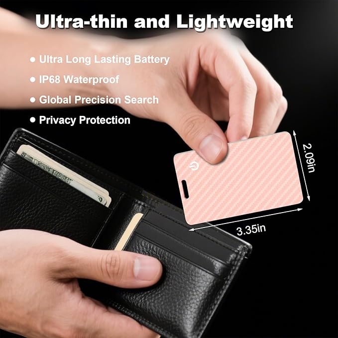Wallet Tracker Card, Slim Rechargeable Bluetooth Item Locator, Smart Finder Compatible with Apple Find My for Wallet, Luggage, Passport, IP68 Waterproof (iOS Only) (Carbon Fiber Pink)