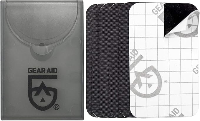GEAR AID Tenacious Tape Mini Patches with Peel-and-Stick Adhesive to Fix Holes and Tears in Winter Gear, Down Puffer Jackets, Sleeping Bags, Tents, and Rain Gear, Black and Clear