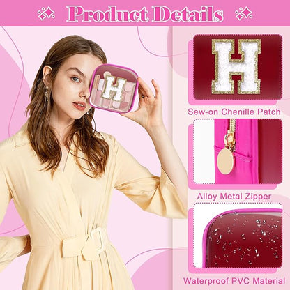 Personalized Initial Letter Clear Preppy Makeup Bag,Mini Nylon Chenille Letter Cosmetic Bag Cute Zipper Pouch Coin Purse for Teen Girls,Portable TSA Approved Travel Essentials Bag Gift for Women,H