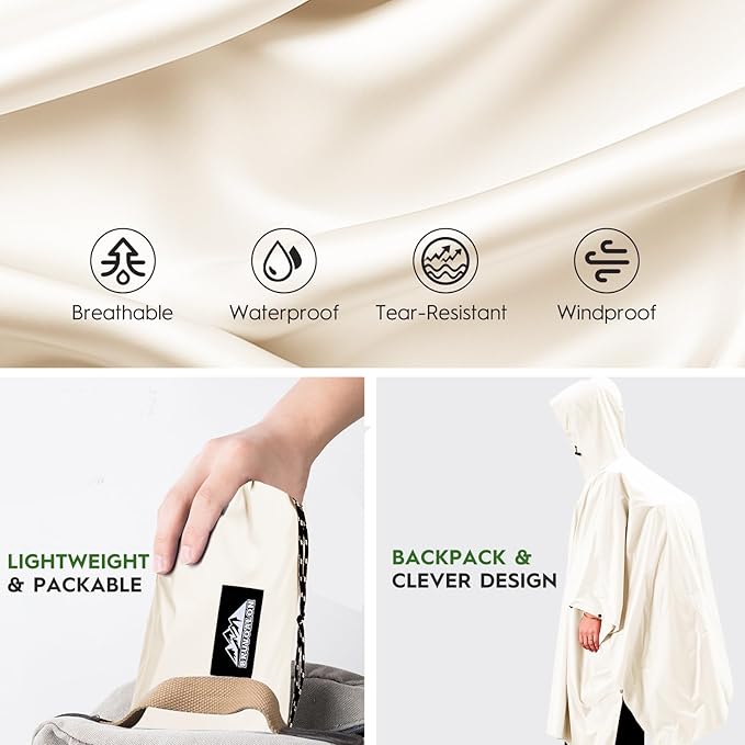 Bruvoalon 3-in-1 Rain Poncho with 1/4 Zip & Chest Pocket, Waterproof, Sunshade, Ground Mat for Adults & Youth Emergency