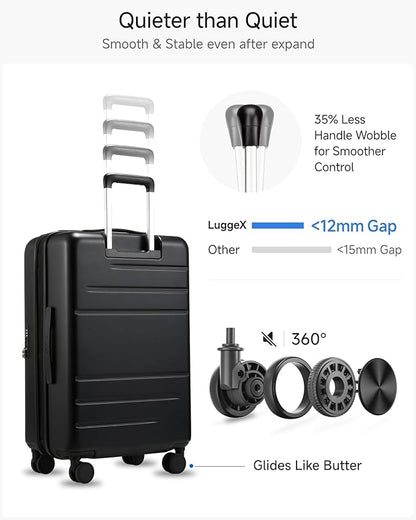 Checked Luggage with Spinner Wheels, FLO5 Expandable Polycarbonate Hard Shell Suitcase with TSA Approved Lock (FX-Core, Black, 24 Inch)