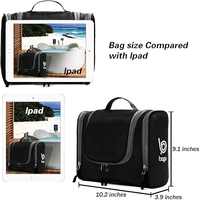 Bago Travel Toiletry Bag for Women and Men X-Large Waterproof Hanging Large Toiletry Bag for Bathroom and Travel Bag for Toiletries Organizer -Travel Makeup Bag (Black)