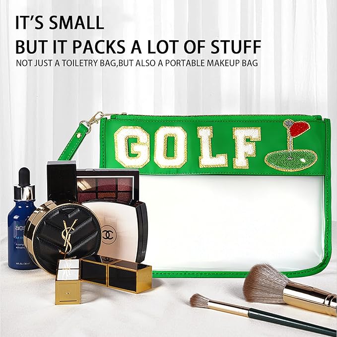 2 Pcs Golf Gifts Makeup Bag with Chenille Letter Patch,with Handles Golf PVC Waterproof Clear Makeup Bag,Portable Toiletry Storage Bag,Players & Fans Birthday, Team or Sports Lover Presents