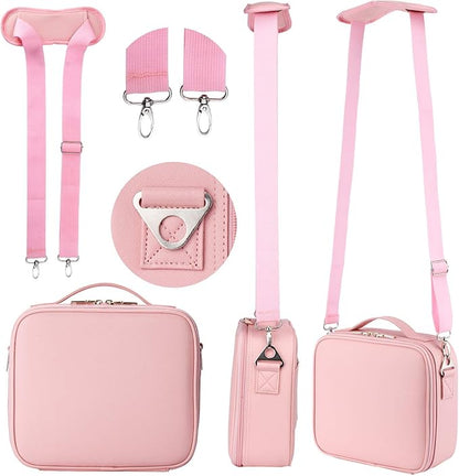Travel Makeup Bag Organizer, 10.2 Inches Portable Makeup Train Case Cosmetic Brush Artist Storage Bag with Adjustable Dividers and Shoulder Strap (Pink)