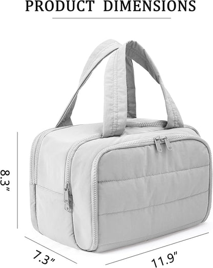 Travel Toiletry Bag for Women, Large Wide-open Puffy Cosmetic Makeup Bag with Wet-Dry Separation, Multi-Pocket Organizer with Carry Handle for Toiletries, Cosmetics, Essentials, Light Grey