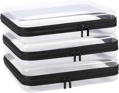 3 Pack Clear Hard Shell Zipper Case, Clear Zipper Pouches Waterproof Makeup Organizer & Travel Toiletry Bag, Plastic Pouch for Travel Office Storage, Black Large Size