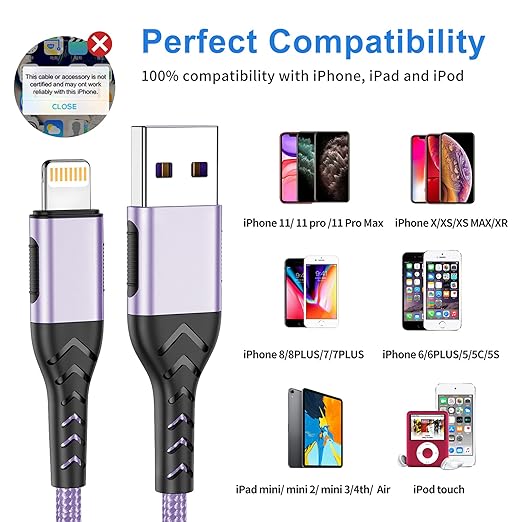 Durcord iPhone Charger, [Apple MFi Certified] 3Pack 3FT USB A Cable for Lightning Charger Cord, Fast iPhone Charging Cord for iPhone Xs Max/XS/XR/X/8/7/6S/6/Plus/SE/iPad(Light Purple)