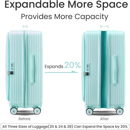 Merax 100% PC Hard Shell Luggage Set, 3 Piece Lightweight TSA Lock Spinner Suitcase with Front Pocket, Airline Approved, Mint Green, 20/24/28 Inch