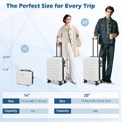 AnyZip Suitcase, 20" Carry On Luggage 14" Mini Cosmetic Cases Luggage Sets Hardside PC ABS Lightweight USB Suitcase with Wheels TSA for kids (2 Piece Set 14/20, White)