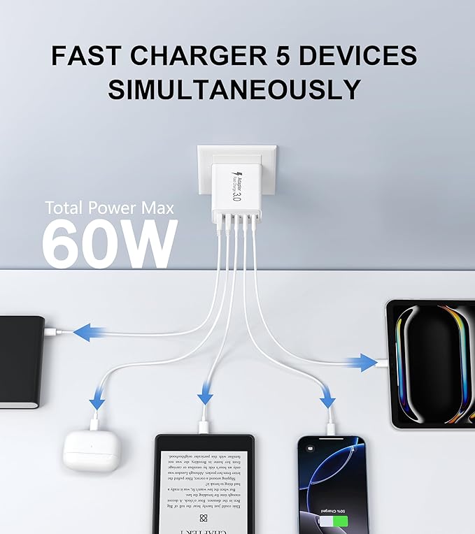 2Pack USB C Fast Charger Block,60W 5-Port USB Wall Charger Brick,2 USB A & 3 USB C PD3.0 Power Adapter Multiport Type C Charging Plug for iPhone 17/16/15/14,Pad Mini/Pro,AirPods 4,GalaxyS25(White)