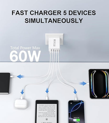 2Pack USB C Fast Charger Block,60W 5-Port USB Wall Charger Brick,2 USB A & 3 USB C PD3.0 Power Adapter Multiport Type C Charging Plug for iPhone 17/16/15/14,Pad Mini/Pro,AirPods 4,GalaxyS25(White)