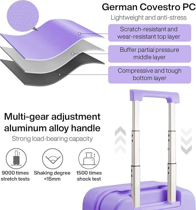 mixi Carry on Luggage, Suitcase with Spinner Wheels 16in Luggage Hardshell Lightweight Rolling Suitcases PC with Cover & TSA Lock, Lilac Purple