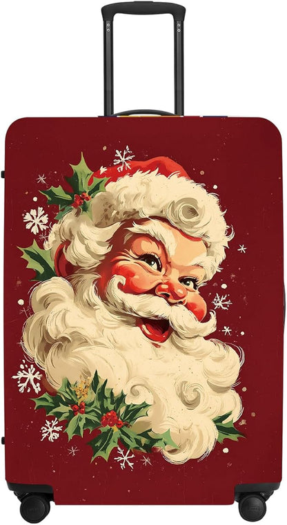 Retro Santa Luggage Cover - Vintage Saint Nicholas with Holly and Snowflakes, Traditional Christmas Suitcase Protector 18 20 22 Inch