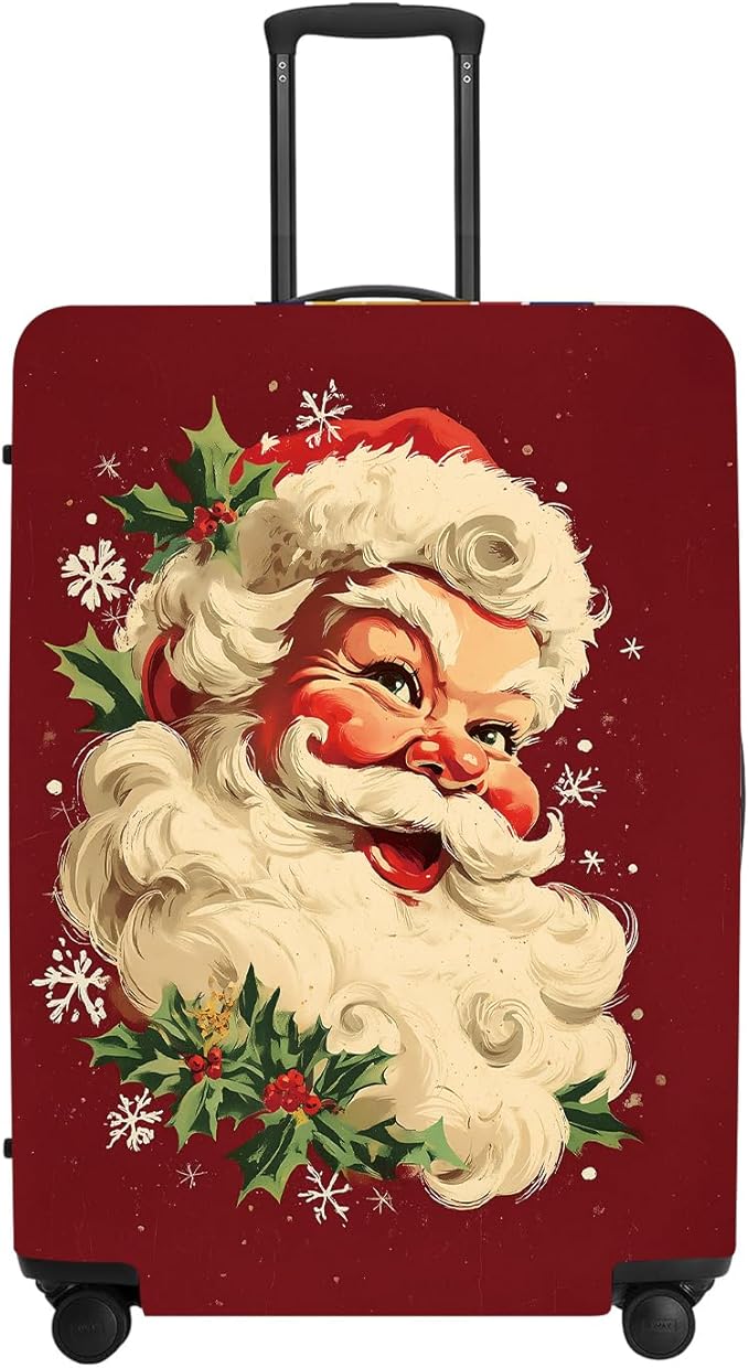 Retro Santa Luggage Cover - Vintage Saint Nicholas with Holly and Snowflakes, Traditional Christmas Suitcase Protector 32 34 Inch